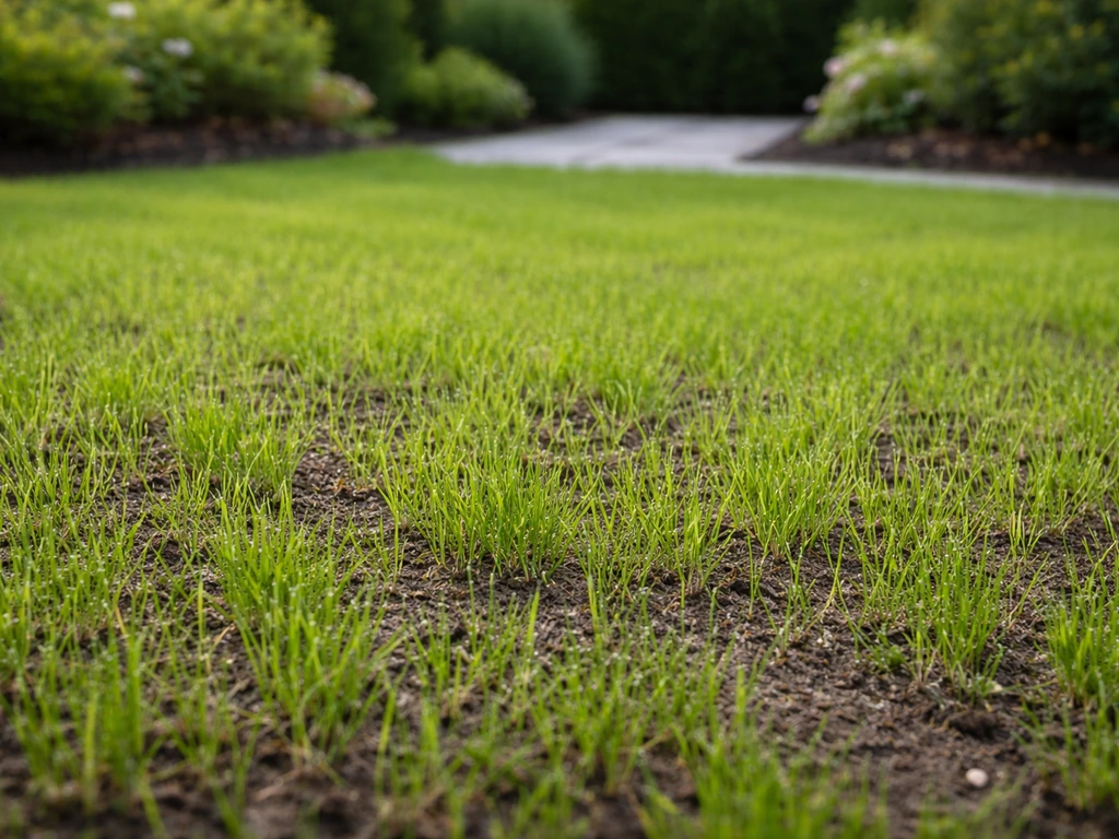 Pelouse fraîchement semée et densifiée dans un jardin, avec une allée en arrière-plan légèrement floue.