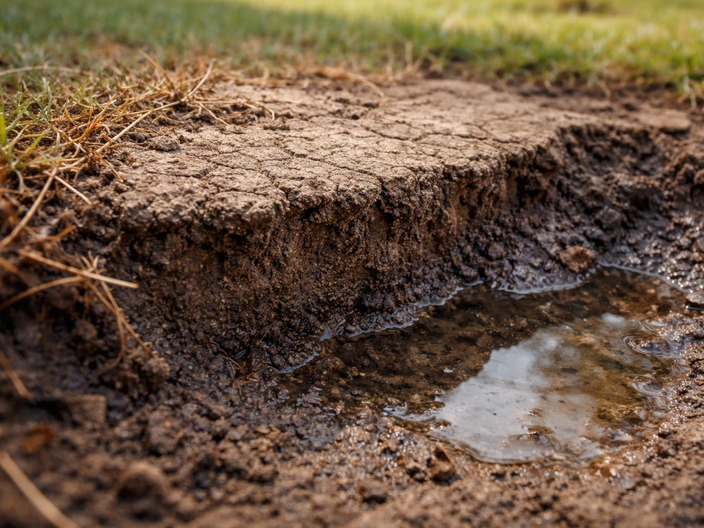 Gros plan sur une coupe de sol compacte avec croûte, herbe jaunie et drainage insuffisant.