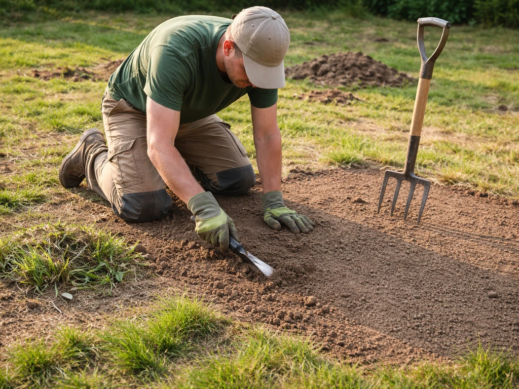Un jardinier anonyme désherbe et nivelle le sol d’un futur gazon, outils manuels visibles.