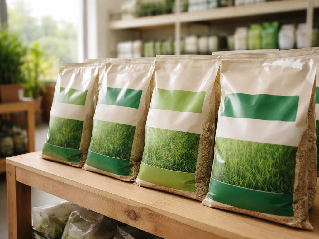 Présentoir de jardinerie montrant des sacs de semences de gazon pour diverses conditions, étiquettes visibles mais sans