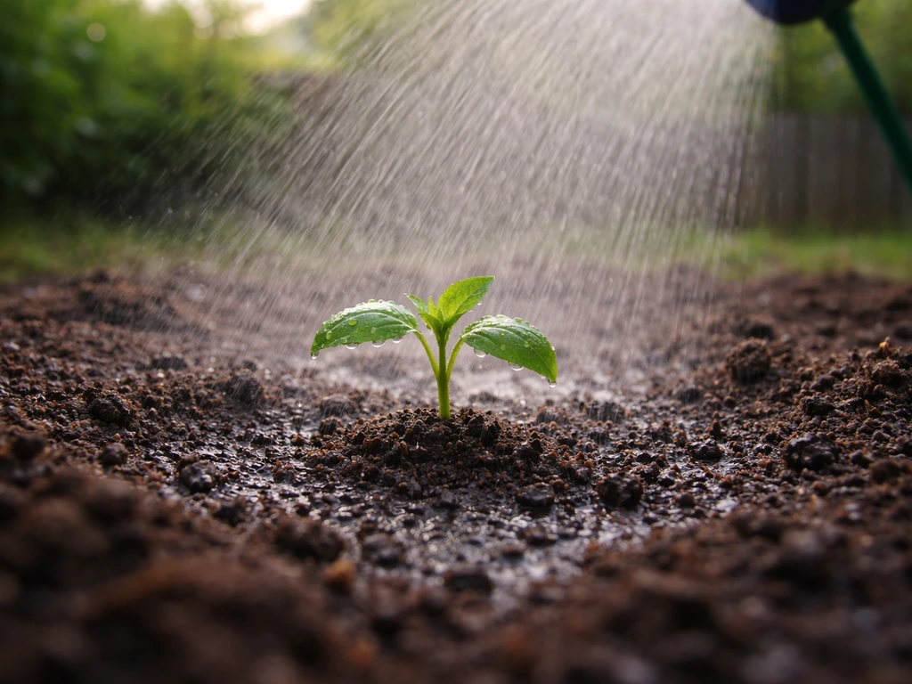 Jeunes semis arrosés en pluie fine, sol humidifié sur les premiers centimètres, ambiance de jardin au matin.