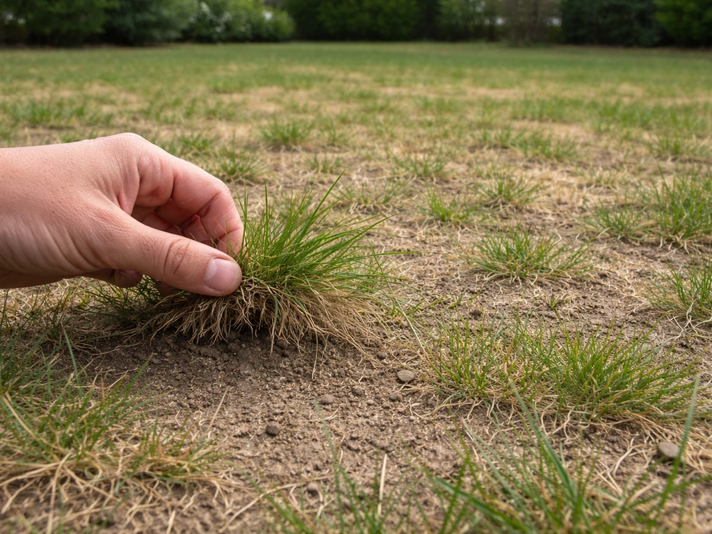 Main tenant une poignée d’herbe clairsemée, pelouse dégradée en arrière-plan, diagnostic visuel avant méthode.