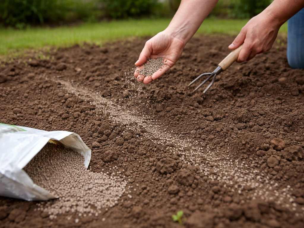 Jardinier étalant un engrais de départ « gazon semis » sur la terre avant de semer