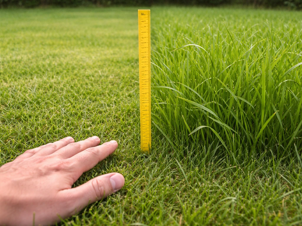 Pelouse avec un mètre de jardin et deux hauteurs d’herbe, une zone plus haute prête à être tondue.