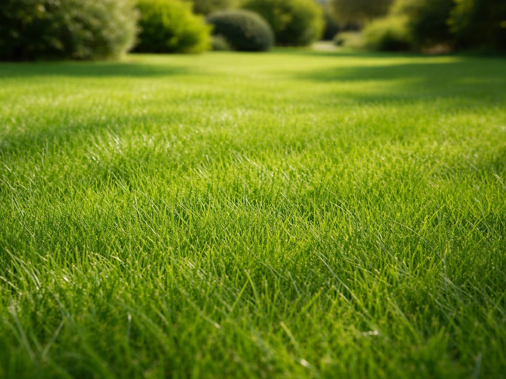 Pelouse en été, herbe plus haute et dense après tonte à 7–8 cm, vue rapprochée et naturelle