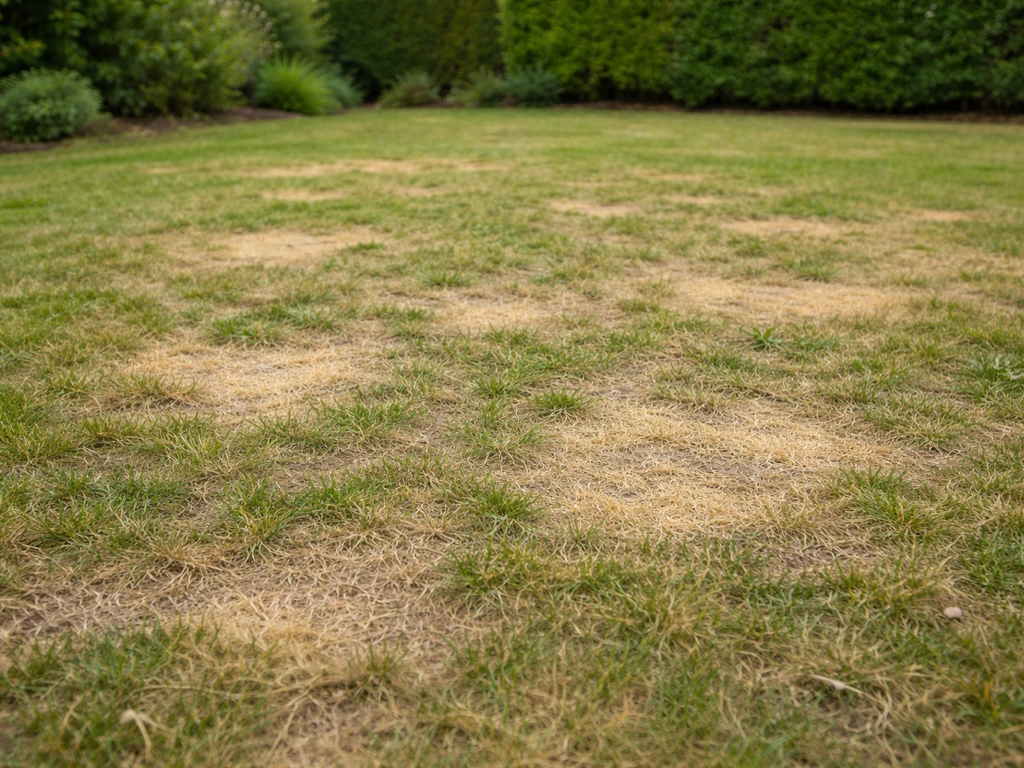 Gazon français clairsemé, plaques jaunâtres dues aux vers blancs, vue de près dans un jardin résidentiel.