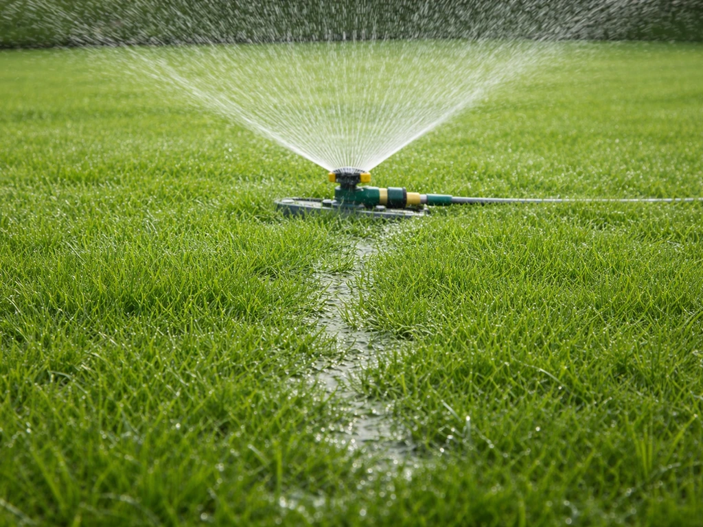 Arrosage d’une pelouse après tonte, sol humide autour d’un arroseur avant application de traitement.