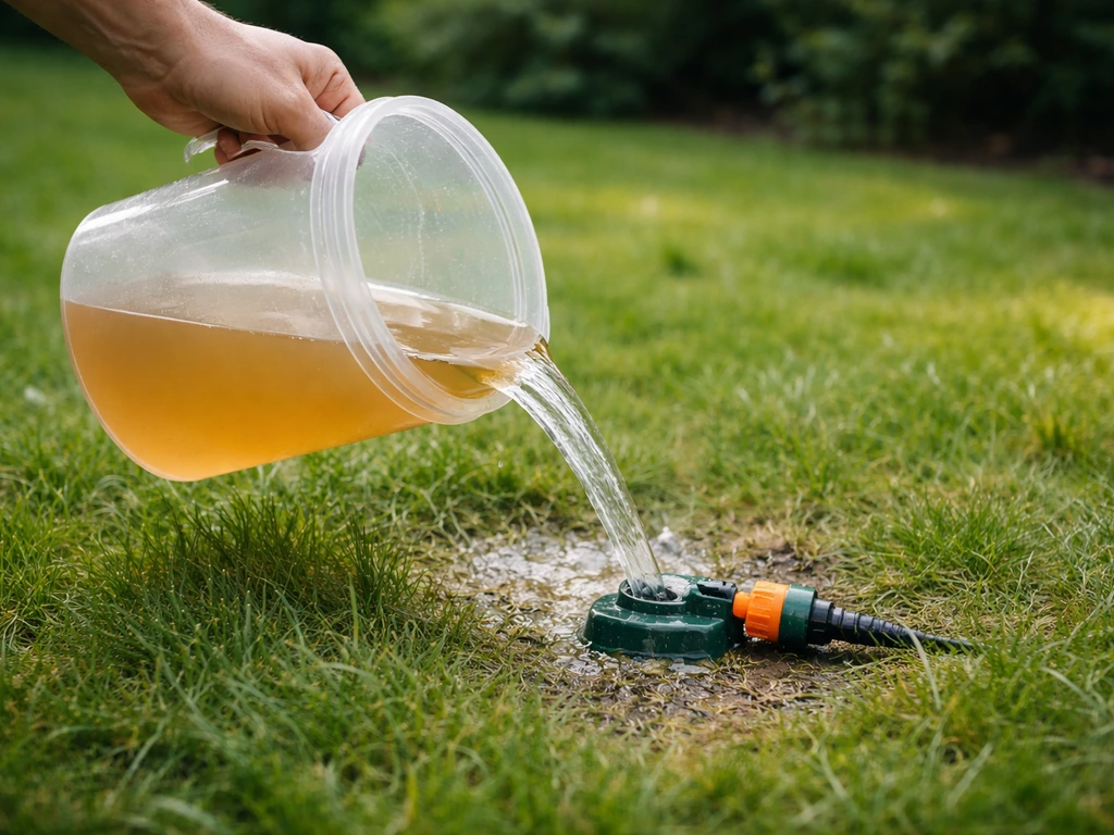 Jardinier verse des nématodes depuis un seau dans un arroseur sur une pelouse légèrement humide.