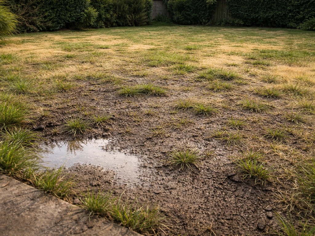 Pelouse clairsemée et jaunie sur sol argileux, avec eau stagnante après la pluie.
