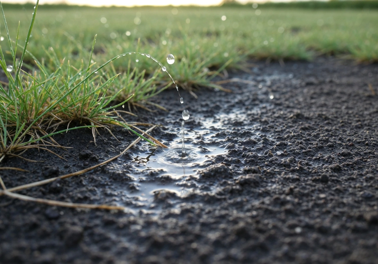 Flaques après pluie sur terre argileuse, herbe clairsemée et sol qui colle, vue au ras du sol.