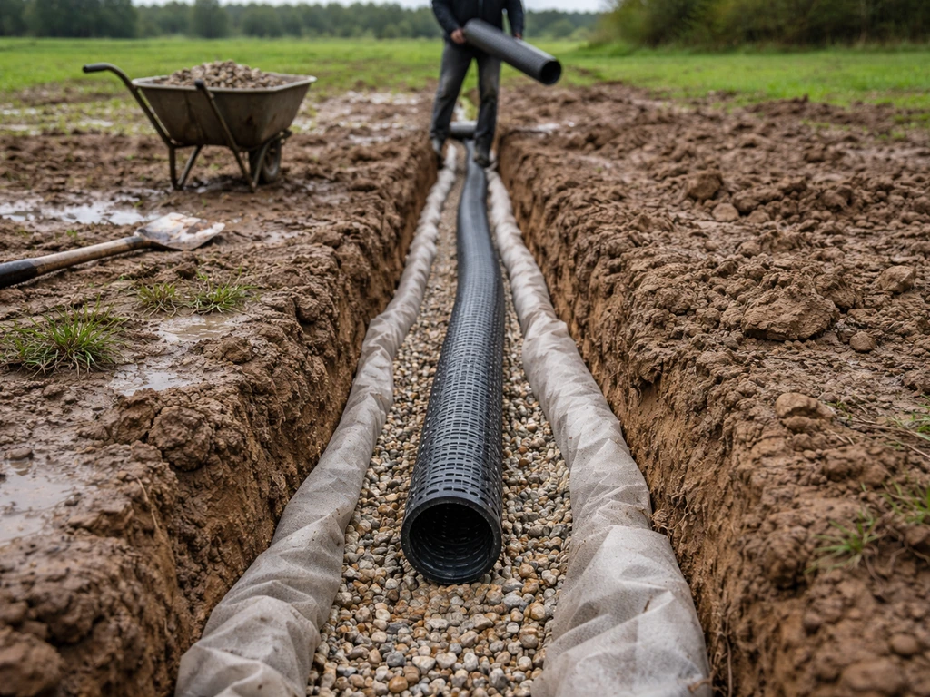 Chantier de drainage avec une tranchée et un tuyau drainant perforé, sous pluie récente.