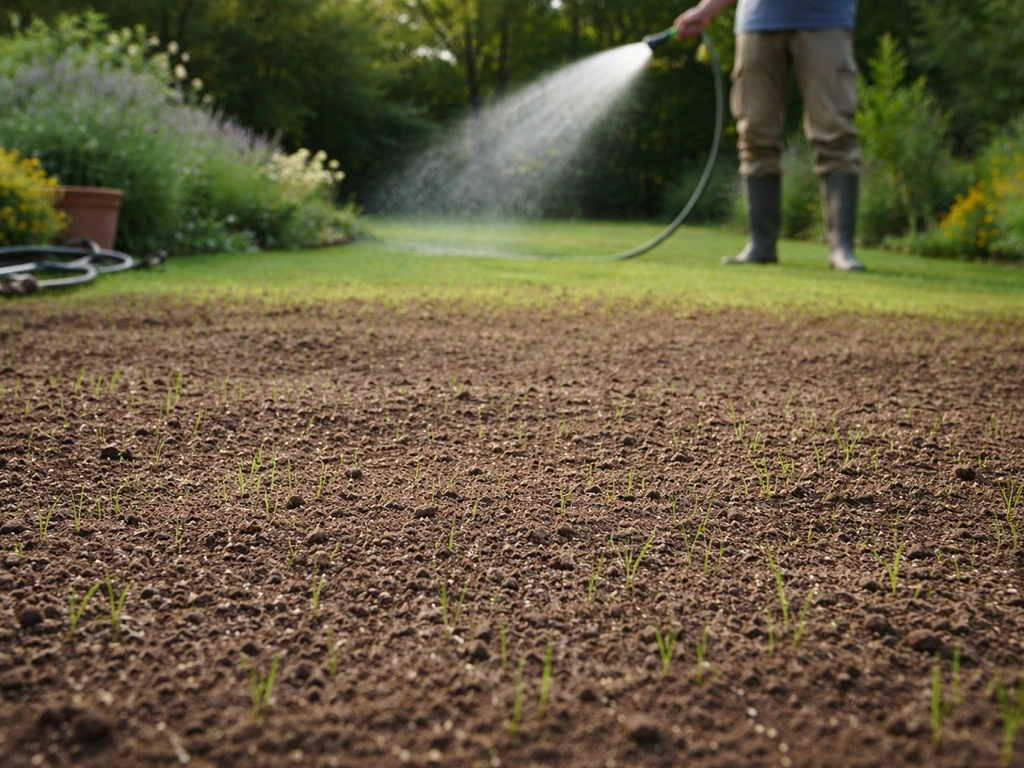Pelouse fraîchement semée en France : sol ratissé et arrosage en arrière-plan, scène de jardin réaliste.