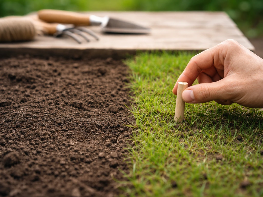 Main tenant un petit repère près d’une pelouse et d’un sol nu, jardin à évaluer avant travaux
