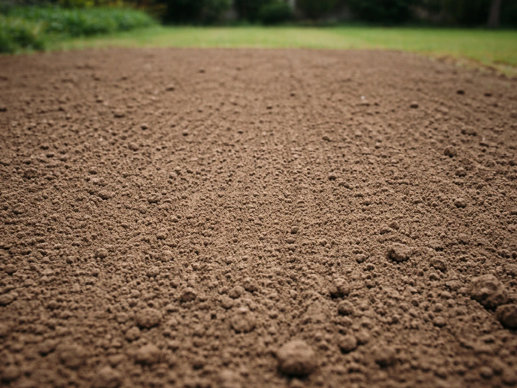 Surface de terre ratissée et affinée pour le semis, texture fine et régulière, jardin minimal.