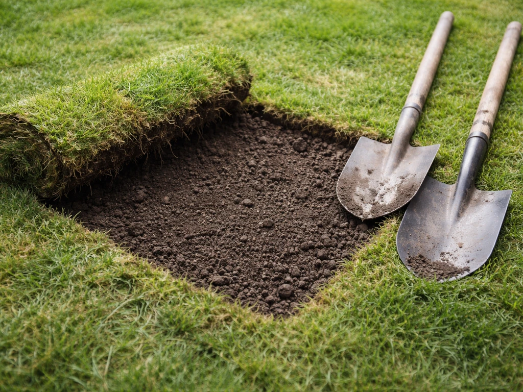 Plaques de gazon soulevées et outils de jardin posés sur une terre fraîchement exposée