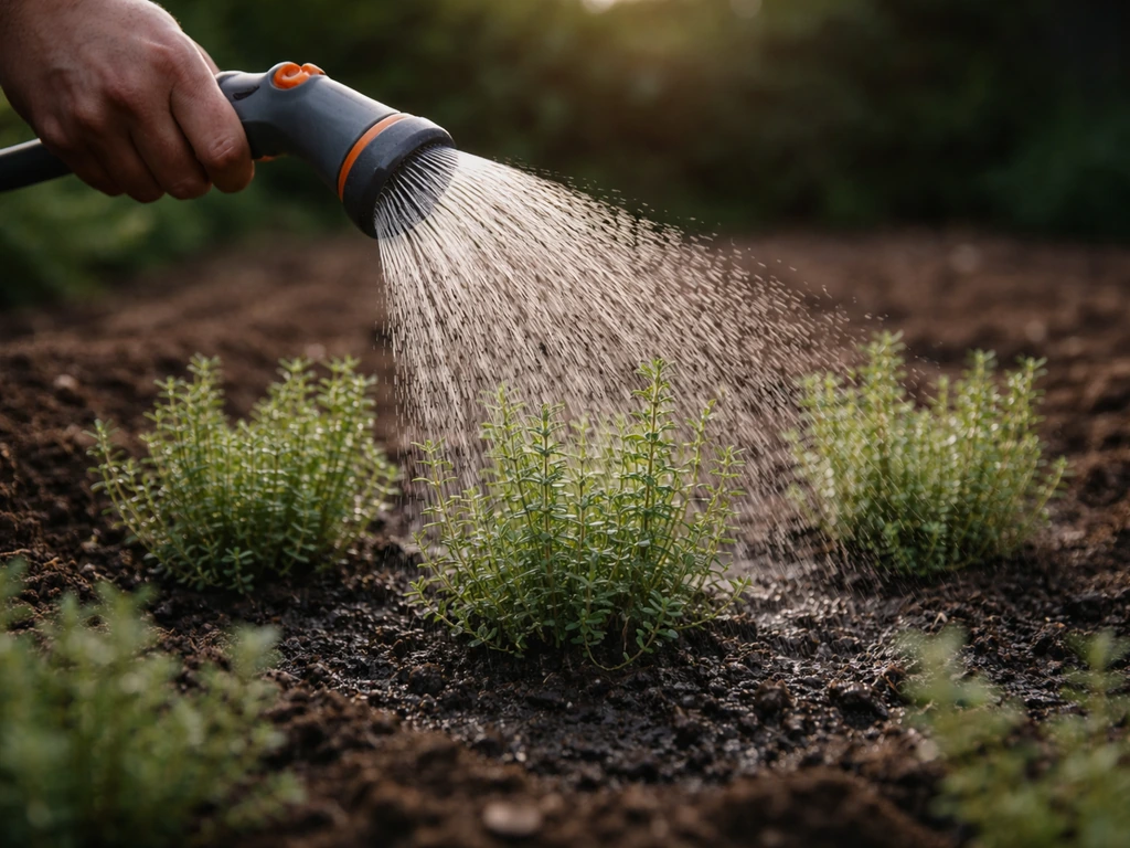 Jeunes plants de thym arrosés en pluie fine avec un pistolet, dans un petit massif de jardin au sol