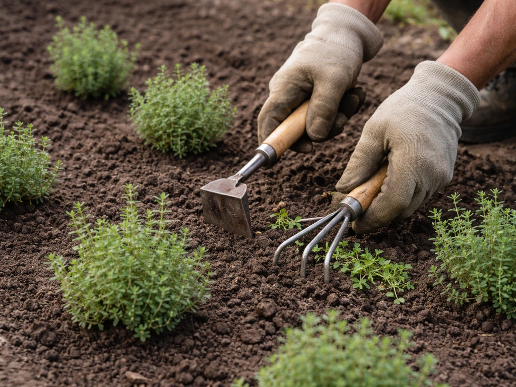Mains anonymes désherbant au petit outil entre de jeunes plants de thym sur une terre humide.