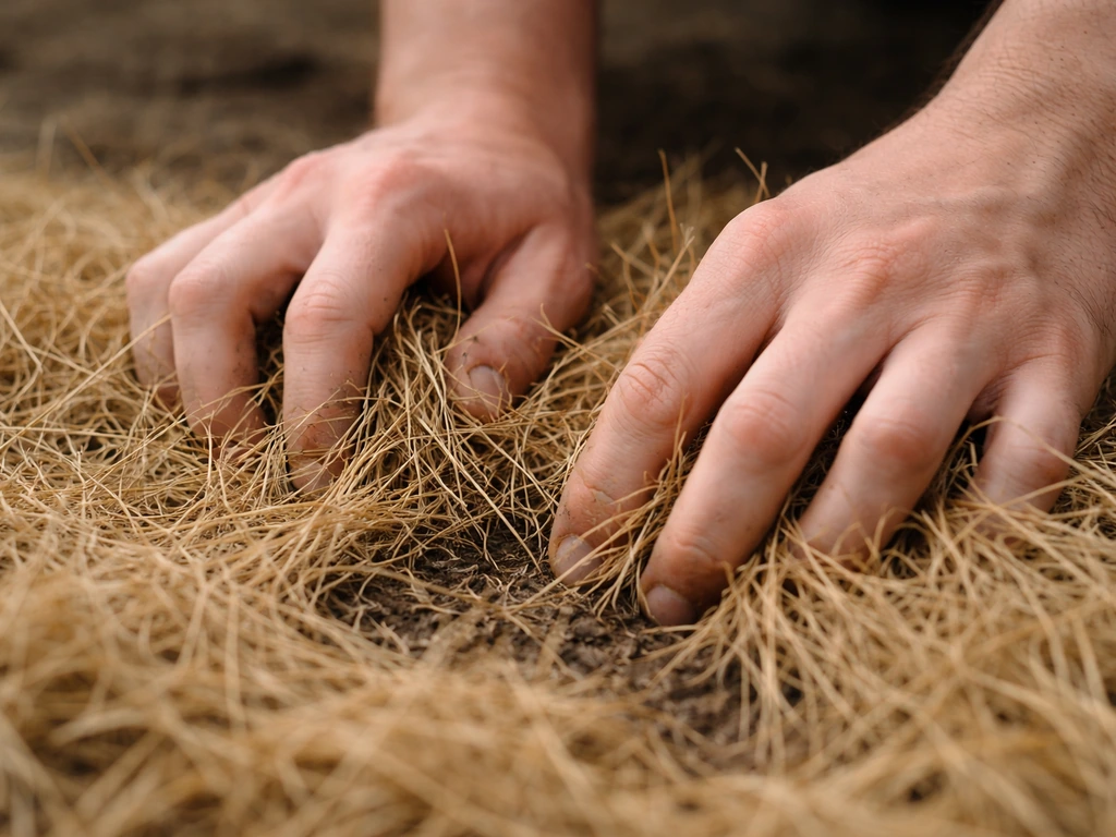 Mains tenant des brins de gazon beige et bruns avec une texture sèche, au ras du sol