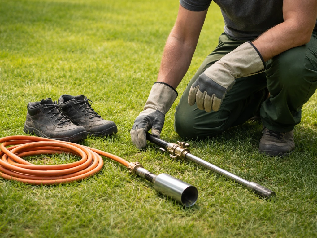 Gants résistants à la chaleur et tenue de jardinier, outils de désherbage thermique posés au sol dans l’herbe.