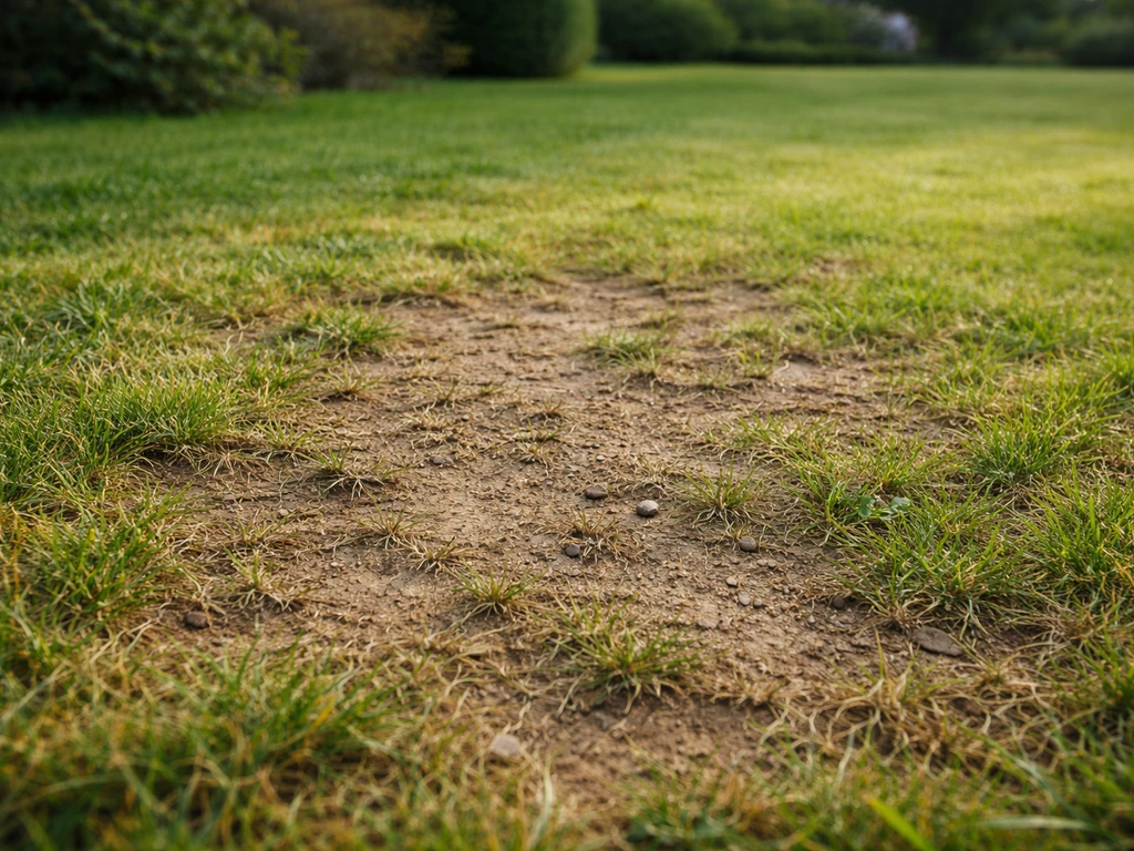 Pelouse clairsemée avec sol compacté visible, traces de piétinement et zones à regarnir.