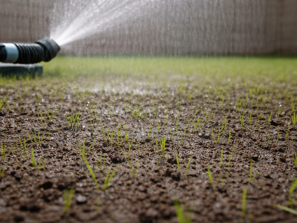 Micro-gouttelettes d’un arroseur en pluie fine humidifiant la surface nouvellement ensemencée