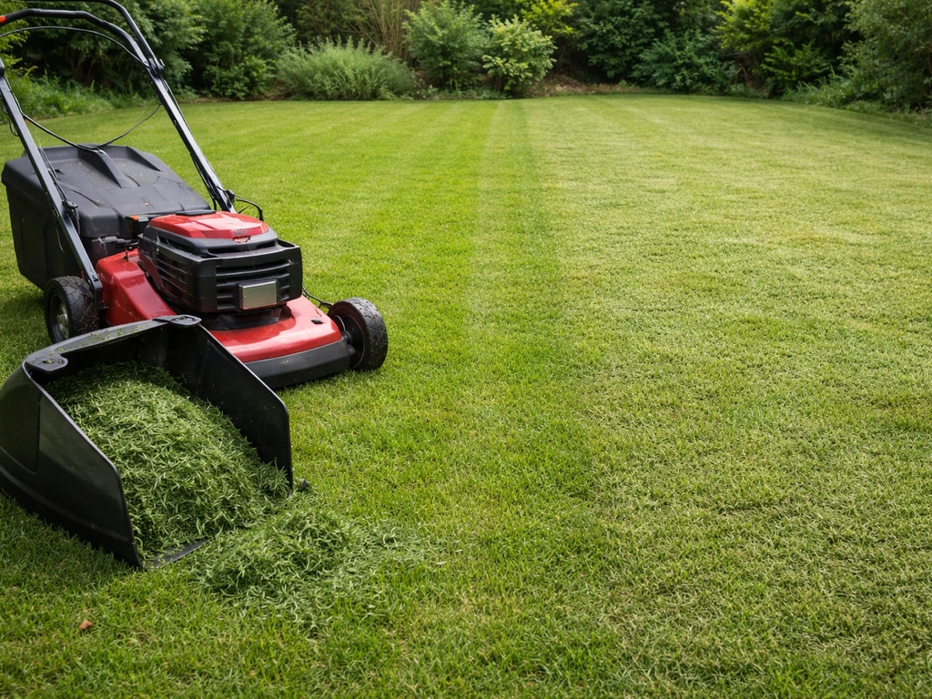 Deux tas de gazon tondu : un ramassage avec bac, et une pelouse laissée avec effet mulching.