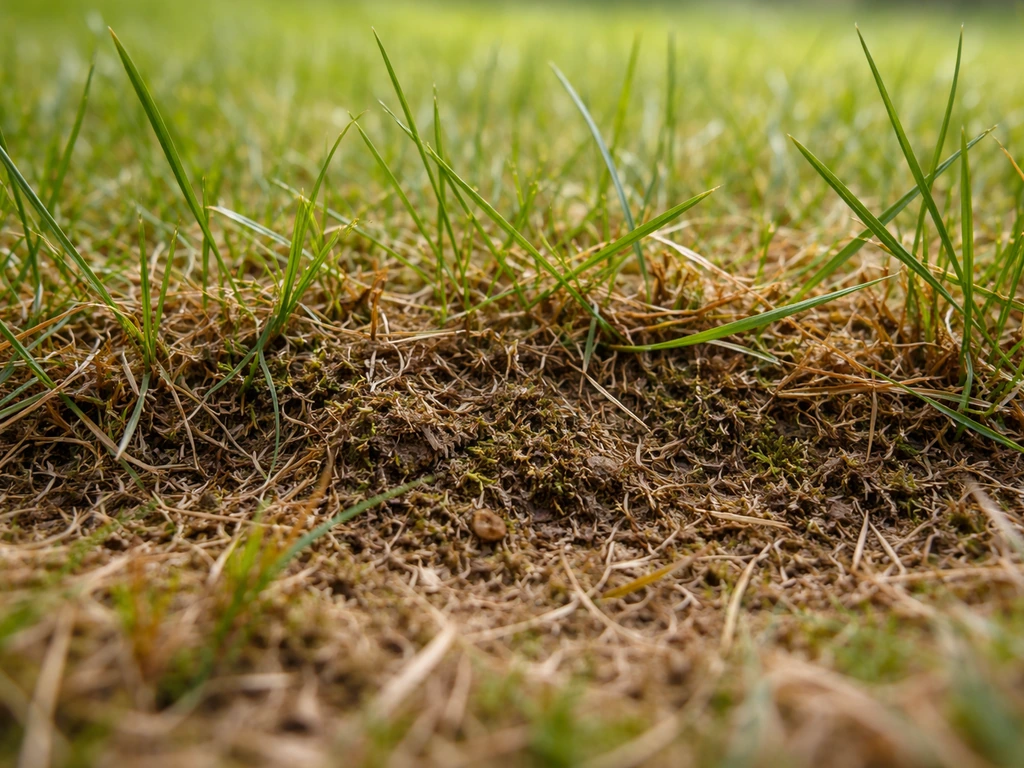 Gros plan d’une pelouse avec une couche feutrée sombre et humide à la base des brins d’herbe.