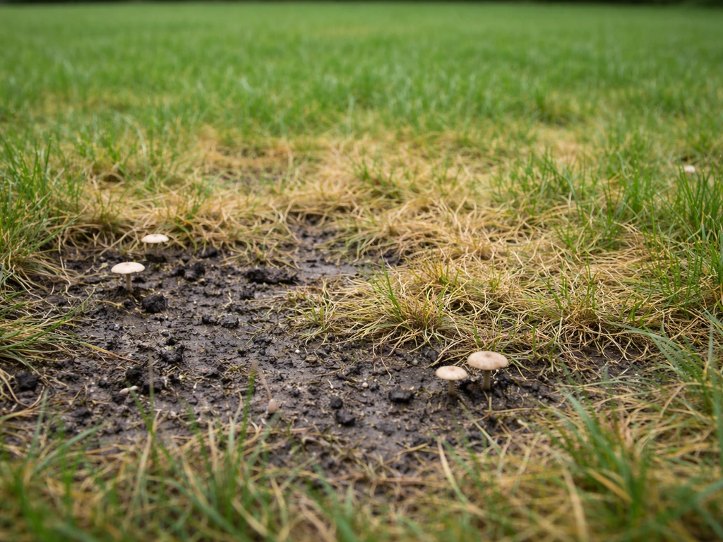 Gazon jaunissant avec quelques champignons et traces d’humidité, sol sombre autour d’une zone abîmée.