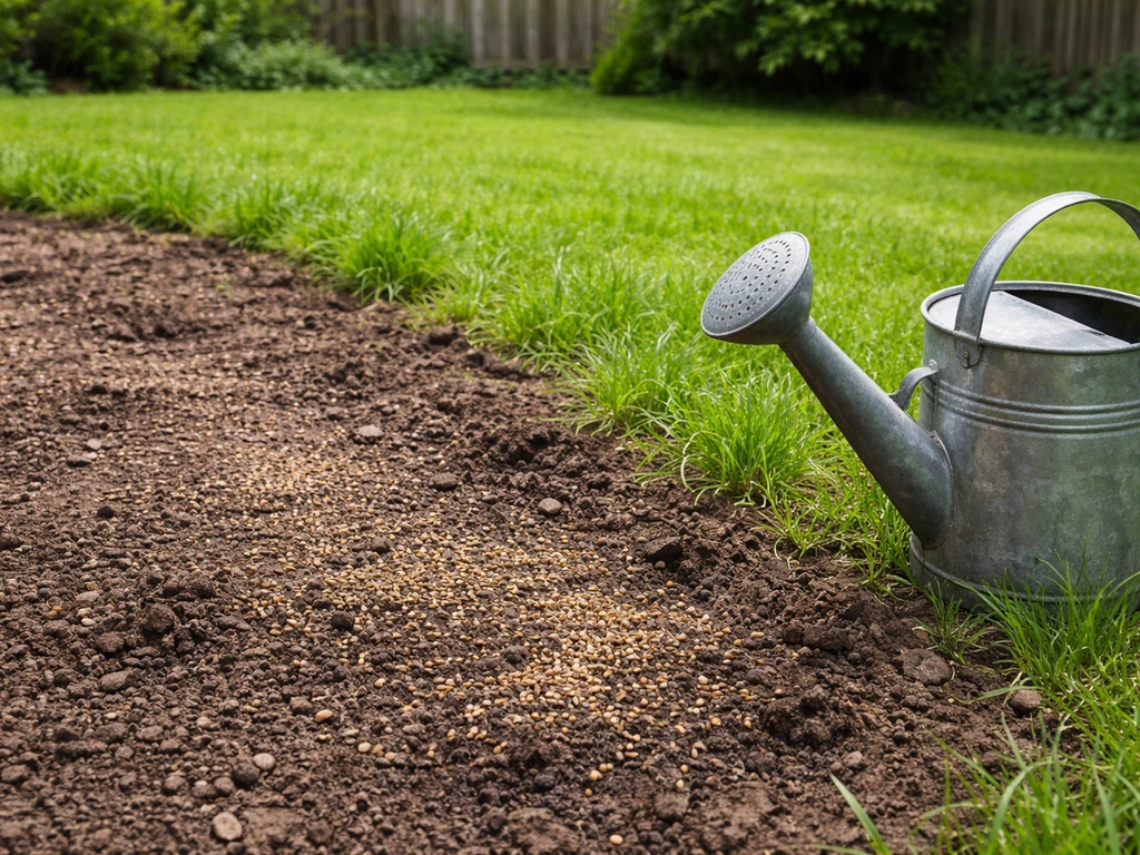 Pelouse en regarnissage : sol ameubli et semis en cours dans un jardin français, sans personne.