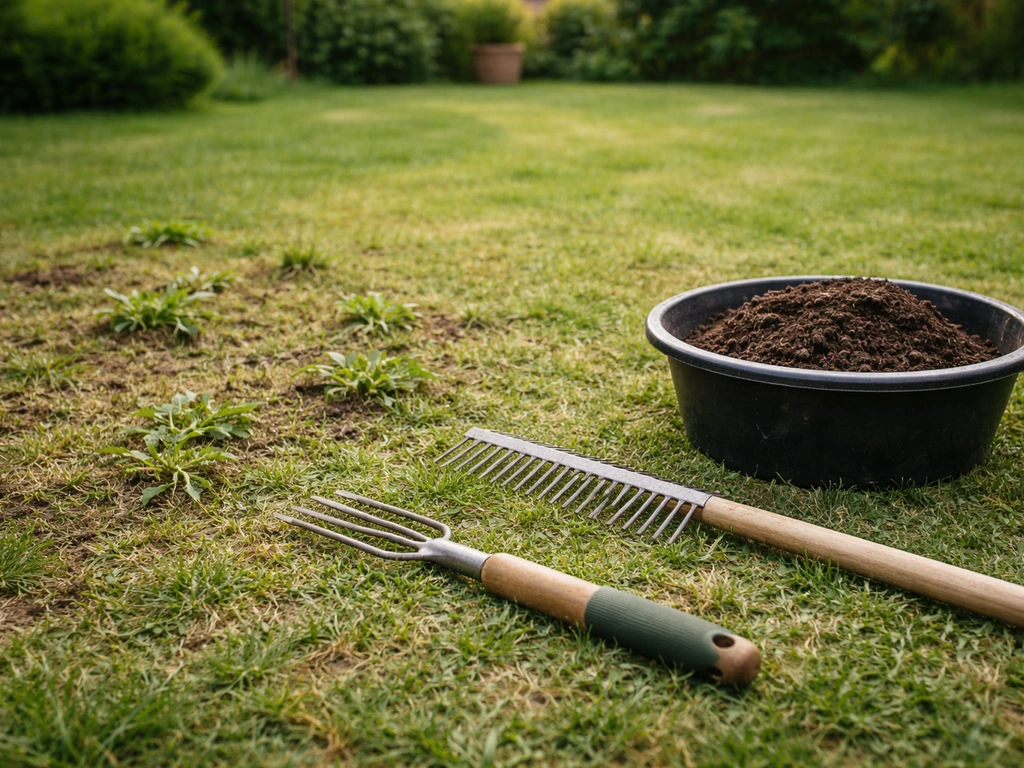 Outils de désherbage et râteau pour scarification légère, terreau à côté, pelouse en préparation