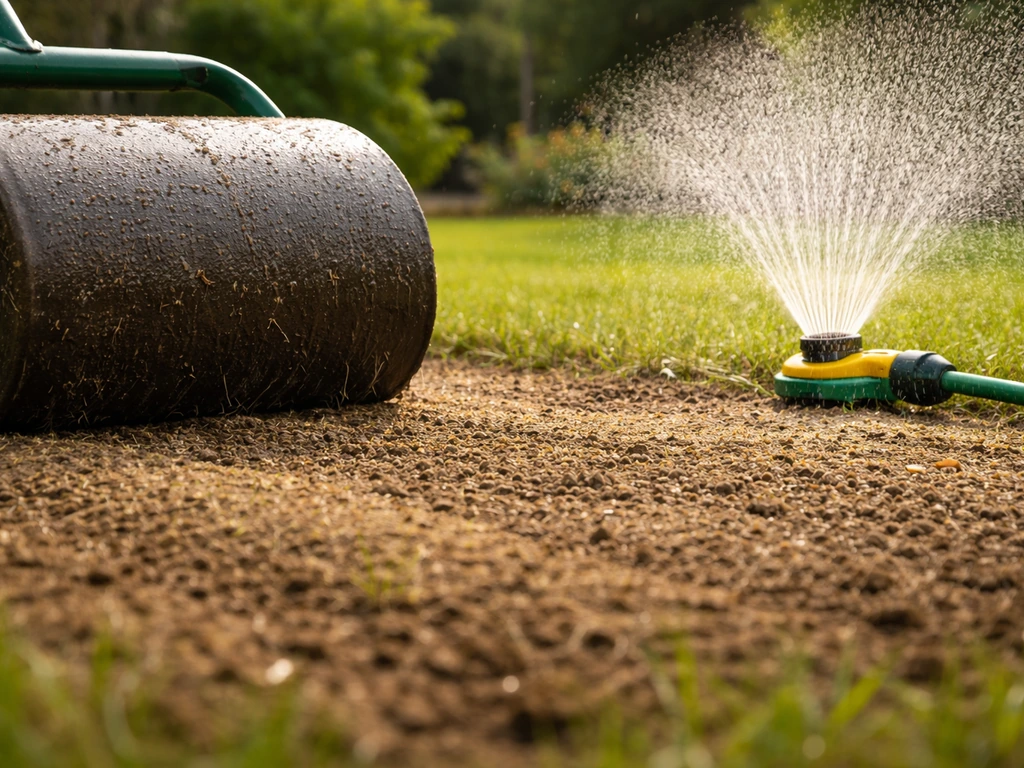 Rouleau compactant des graines de gazon, arrosage en pluie fine pour favoriser la levée.