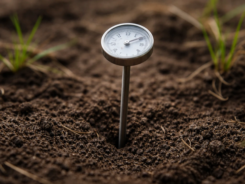 Gros plan d’une sonde mesurant la température du sol autour de 10 °C, avant de semer