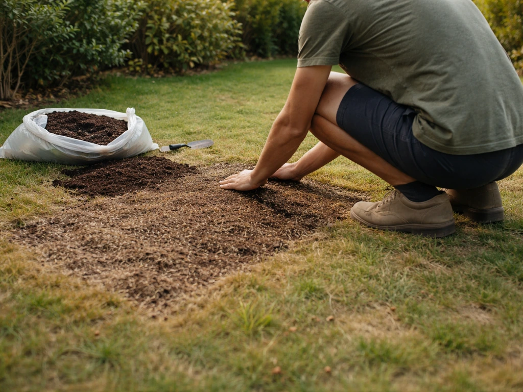 Pelouse localement abîmée en fin d’été, regarnissage au terreau et roulage léger dans un jardin.