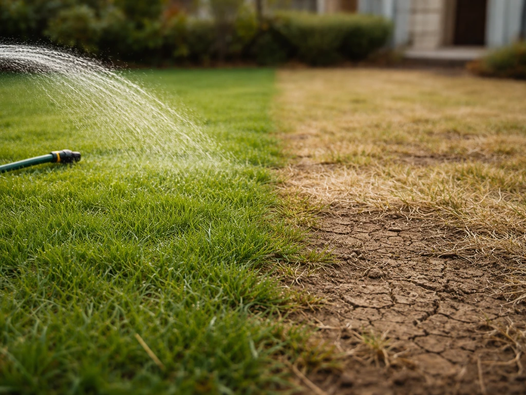 Pelouse en deux zones : arrosage après réparation avec sol humide vs zone sèche/piétinée brunie