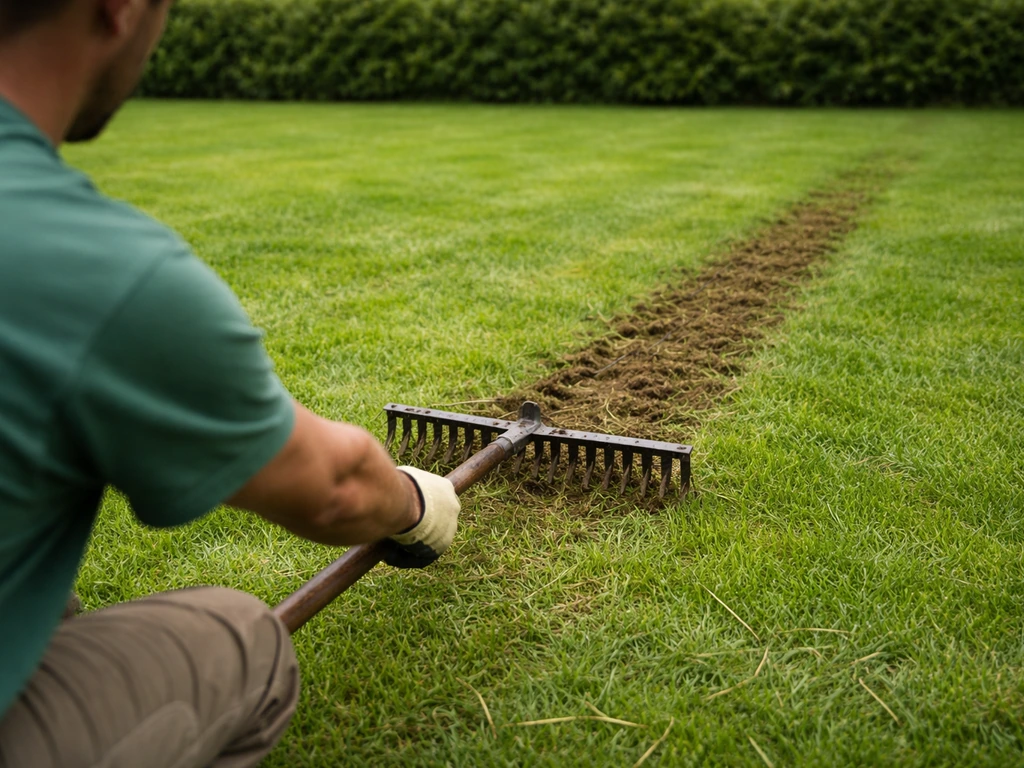 Un jardinier anonyme tire un outil à dents sur la pelouse, illustrant la scarification.