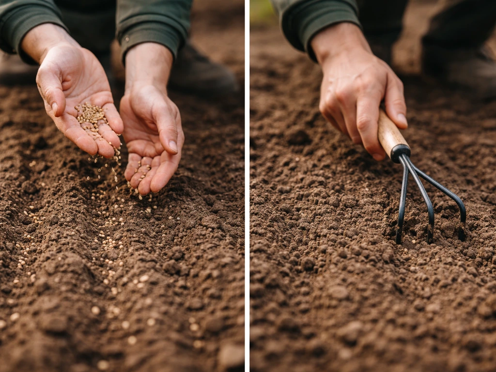 Semis de graines à la volée, suivi d’un léger griffage et d’un léger recouvrement pour améliorer la germination.