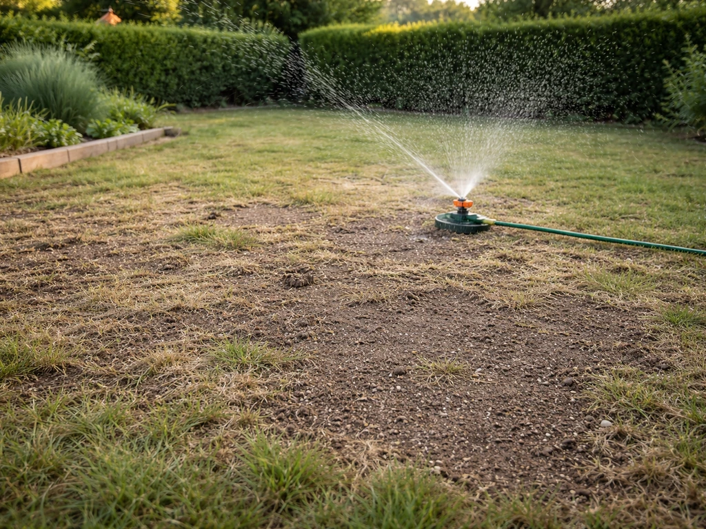 Pelouse de jardin scarifiée au printemps, regarnissage en cours et arroseur rotatif sur une zone humide