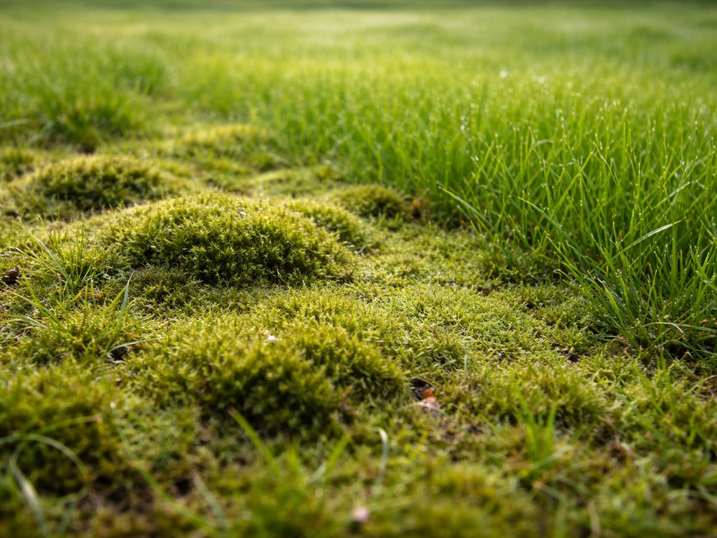 Mousse vert foncé feutrée entre les brins d’herbe, contraste avec des zones plus vertes de la pelouse.