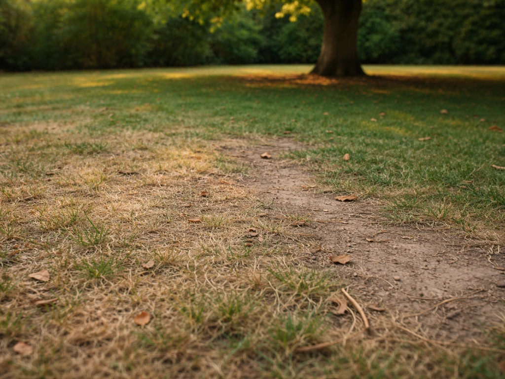 Pelouse avec plaques sèches et jaunâtres autour d’un arbre, herbe clairsemée sous un sol légèrement en pente.