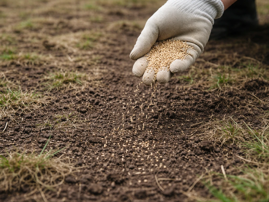 Mains gantées épandant des graines sur une pelouse scarifiée, paillis léger, sol sombre, lumière naturelle.