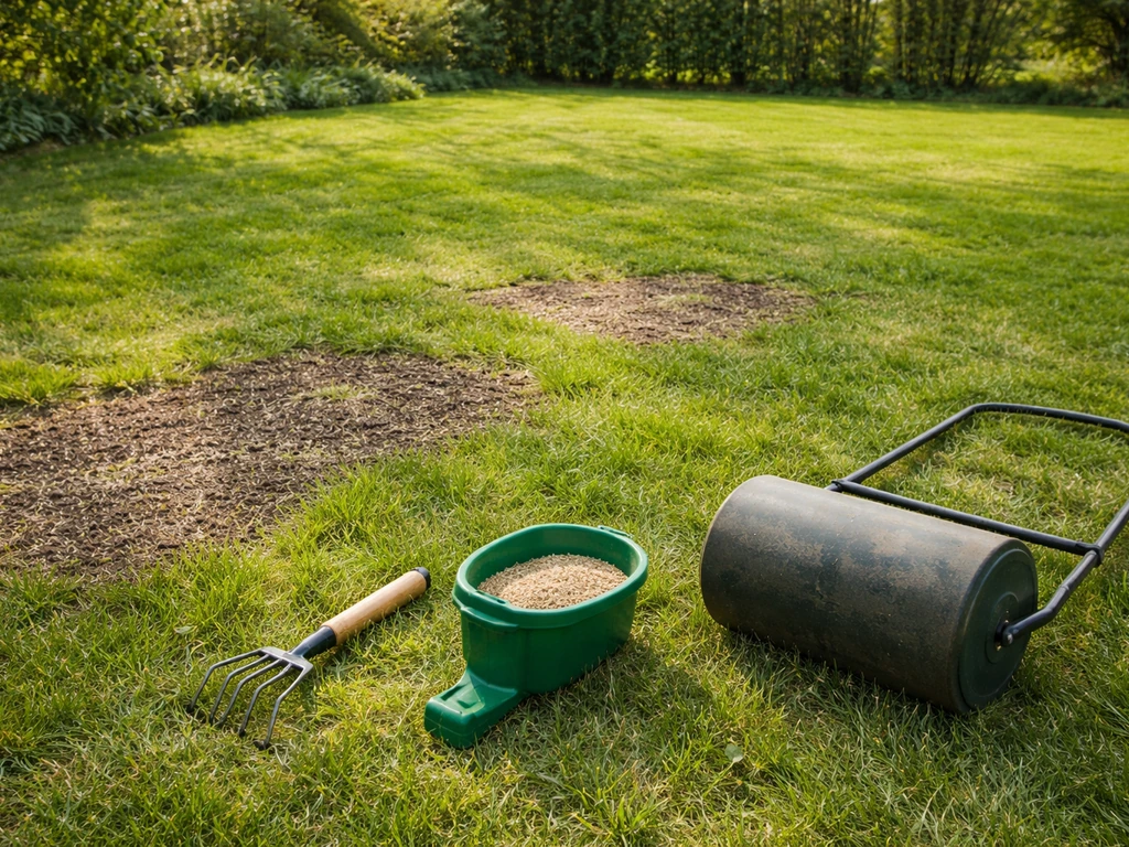 Pelouse de printemps partiellement regarnie avec patchs de semis, outils de jardin posés au sol.