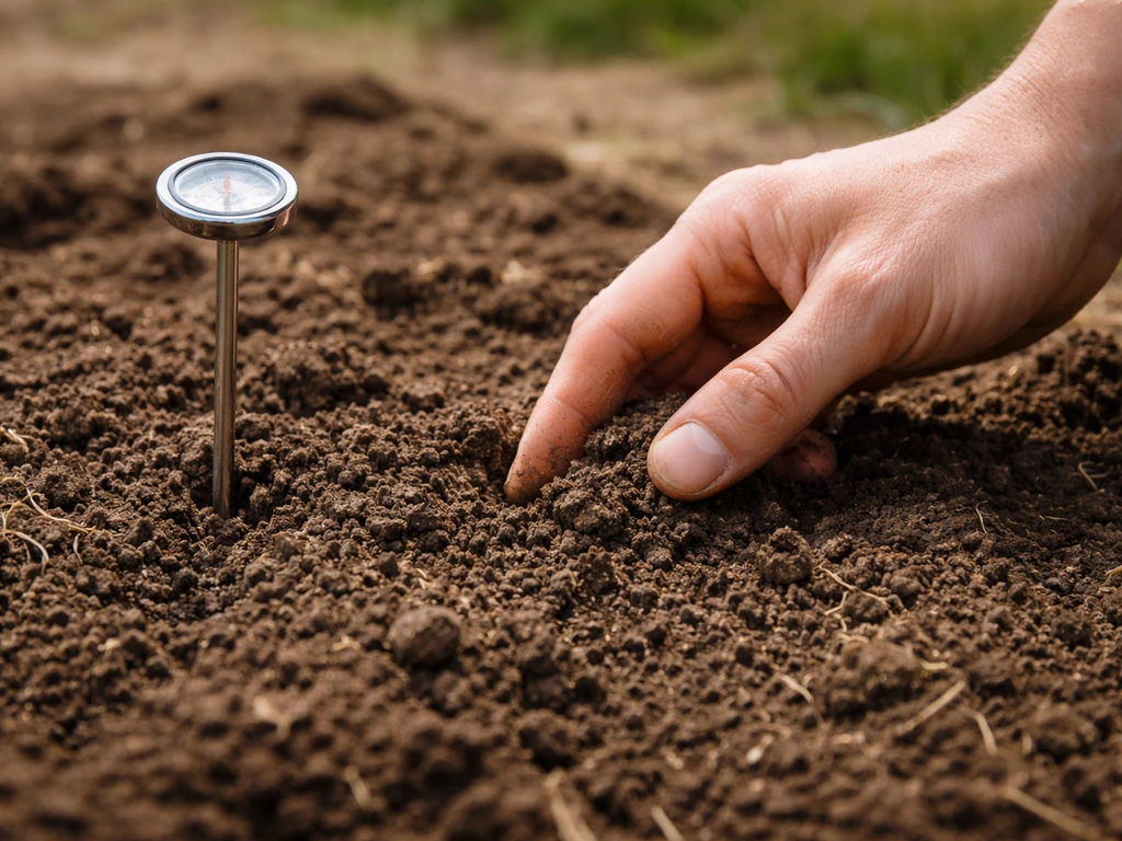Main dans un jardin printanier vérifiant la terre humide et sombre, proche d’un thermomètre de sol.
