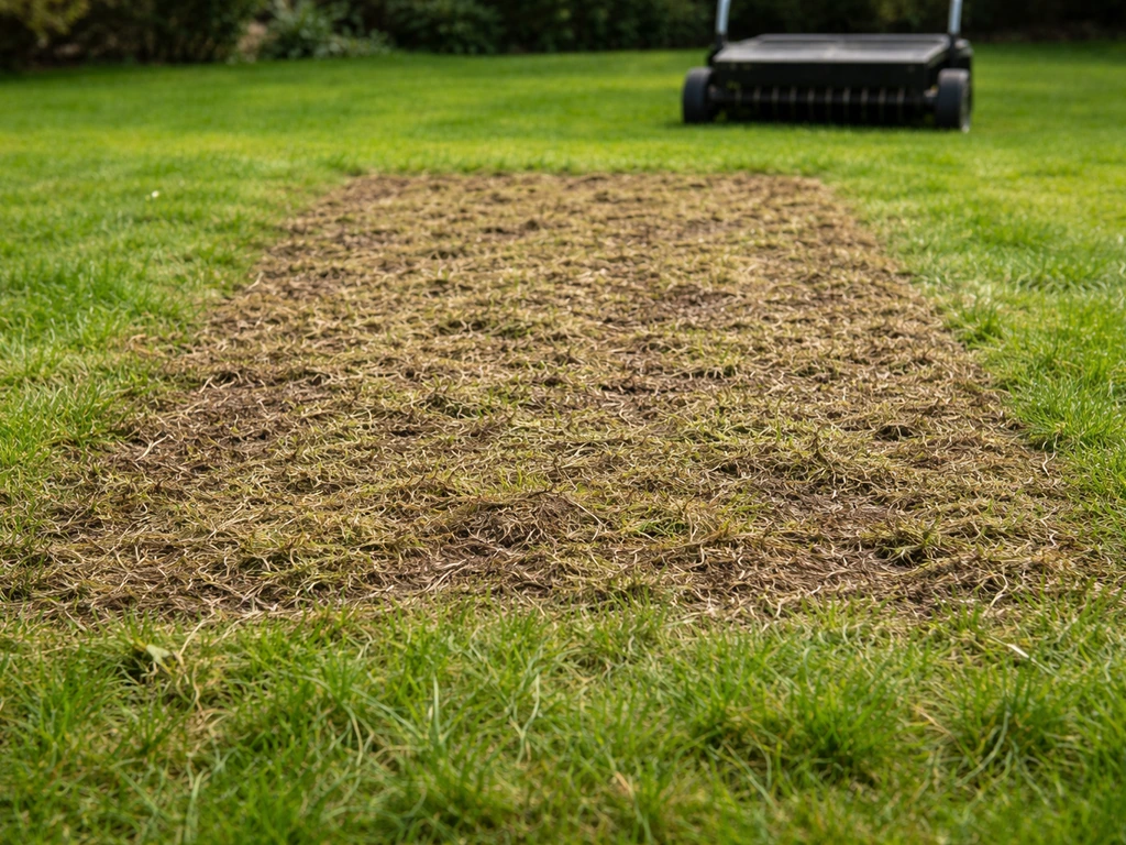 Pelouse scarifiée : feutre et mousse griffés visibles, résidus sur un sol légèrement dénudé