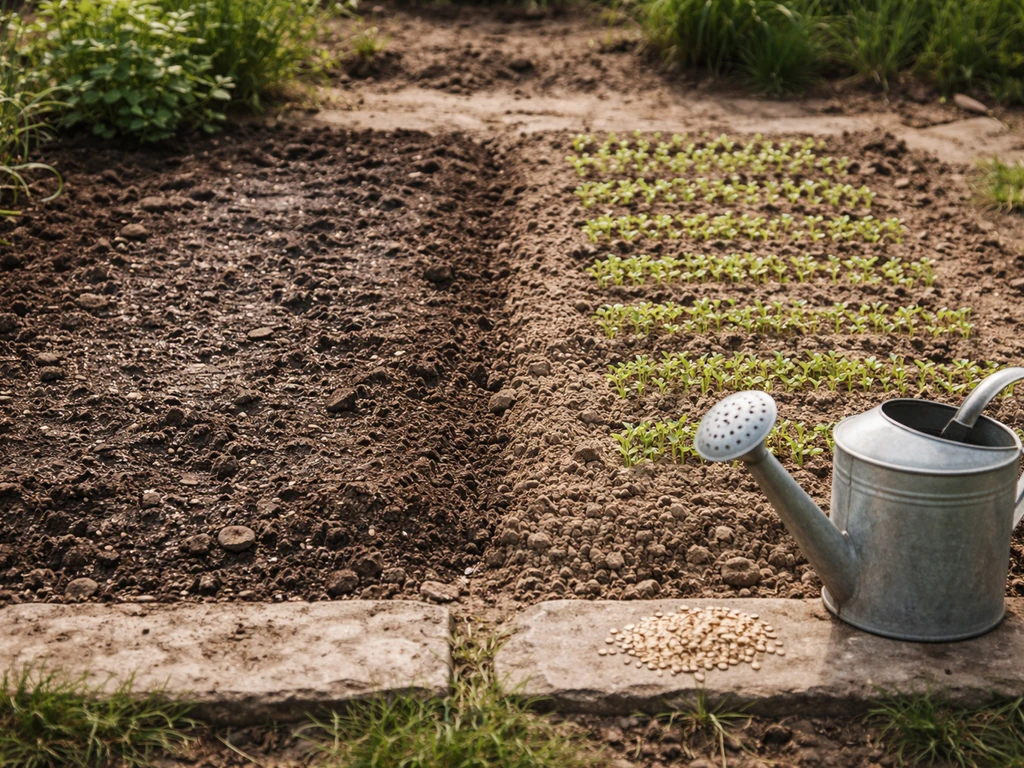 Comparaison au potager : sol trop froid et humide à gauche, sol corrigé et graines qui lèvent à droite.