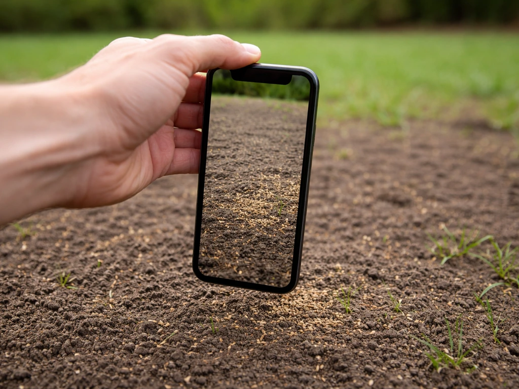 Main tenant un smartphone filmant un chantier de regarnissage de pelouse fraîchement scarifiée
