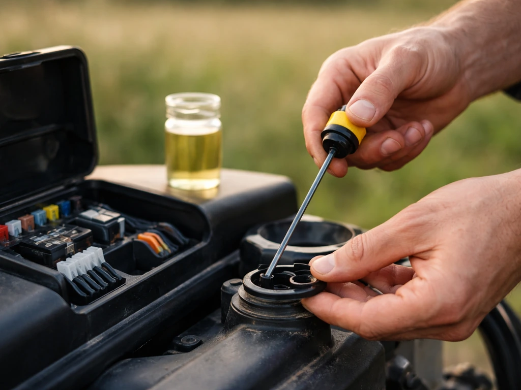 Mains tenant la jauge et vérifiant le carburant d’un petit tracteur, avec contrôle de connectique et fusible.