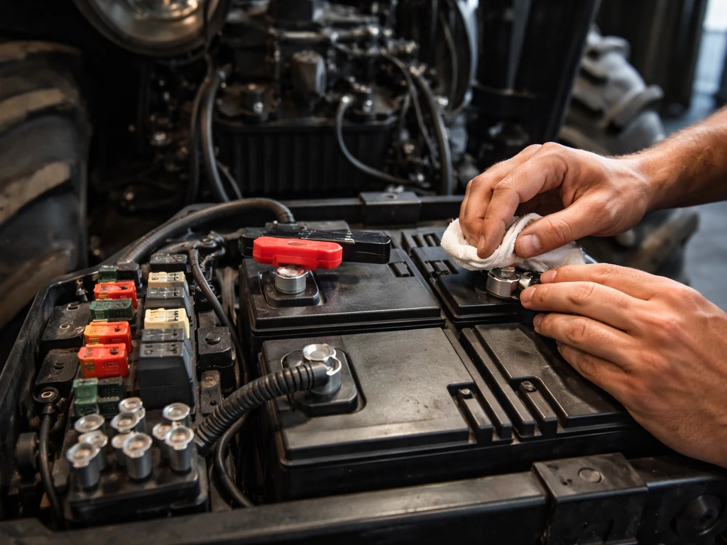 Mains inspectant batterie et bornes sur un tracteur, fusible principal et contacteurs de sécurité visibles.