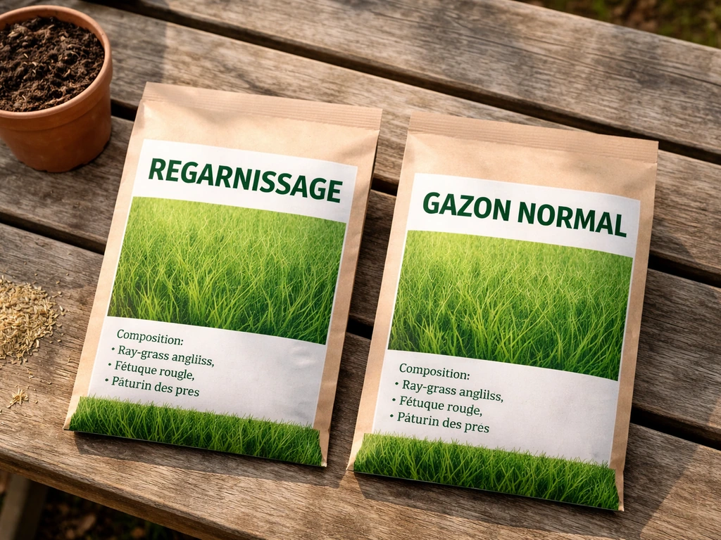 Deux sachets de graines de gazon côte à côte, étiquettes lisibles montrant regarnissage vs gazon normal.