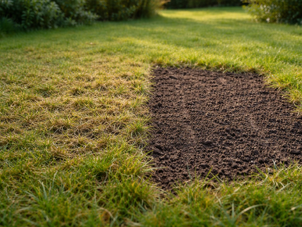 Zone de pelouse scarifiée avec feutre enlevé, sol meuble griffé prêt à recevoir des graines.