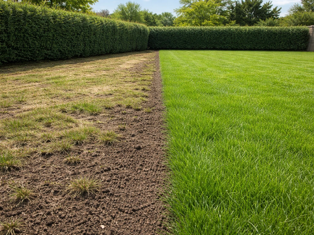 Jardin français avec pelouse clairsemée en rénovation et zone regarnie plus verte, effet avant/après réaliste.